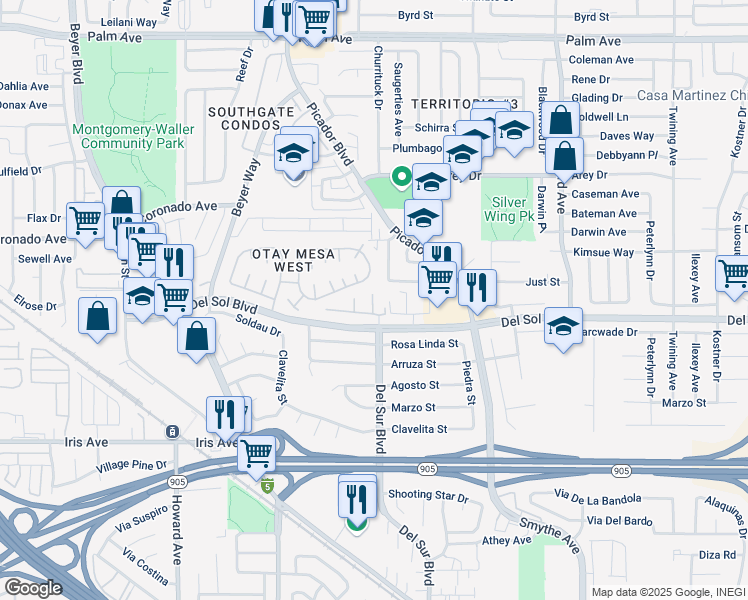 map of restaurants, bars, coffee shops, grocery stores, and more near 3546 Del Sol Boulevard in San Diego