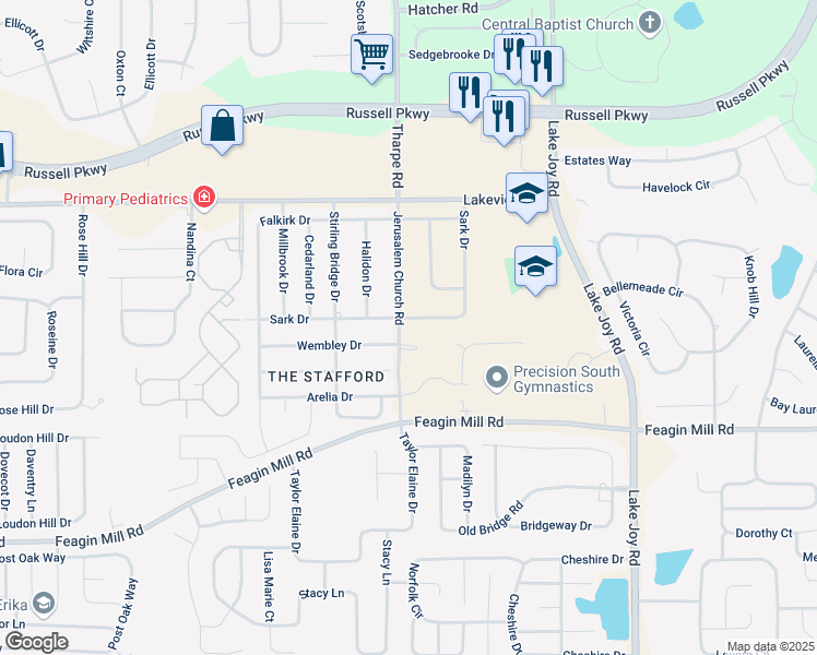 map of restaurants, bars, coffee shops, grocery stores, and more near 601 Sark Drive in Warner Robins