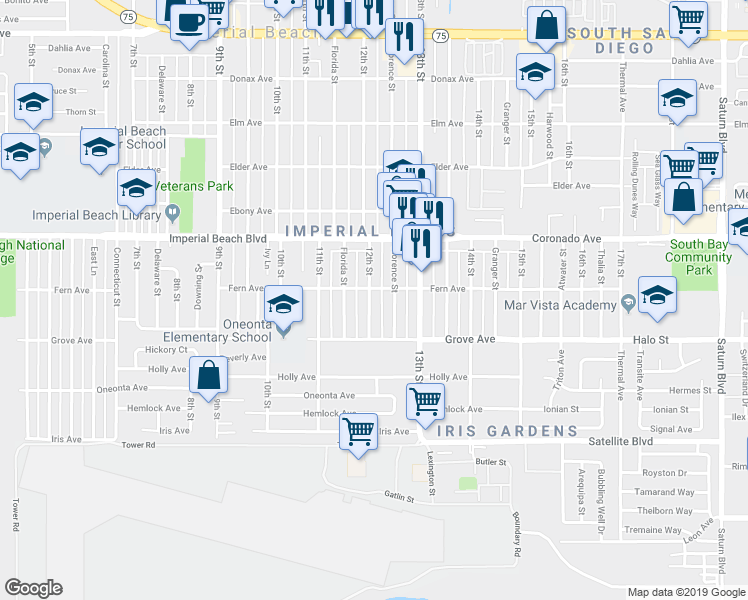 map of restaurants, bars, coffee shops, grocery stores, and more near 1223 12th Street in Imperial Beach