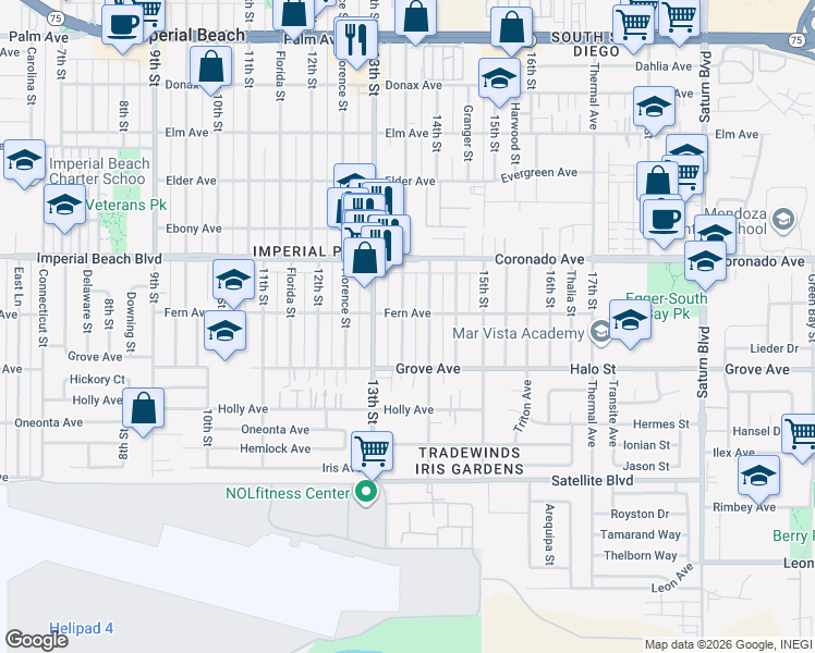 map of restaurants, bars, coffee shops, grocery stores, and more near 1219 Georgia Street in Imperial Beach