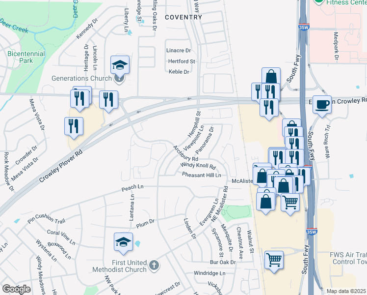 map of restaurants, bars, coffee shops, grocery stores, and more near 12628 Viewpoint Lane in Burleson