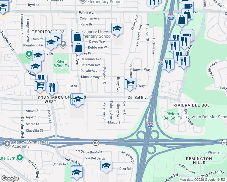 map of restaurants, bars, coffee shops, grocery stores, and more near 4161 Enero Street in San Diego