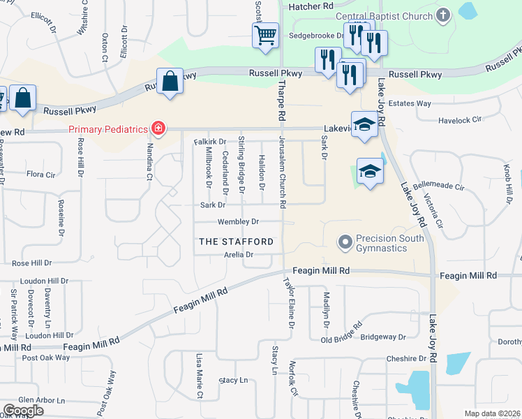 map of restaurants, bars, coffee shops, grocery stores, and more near 201 Sark Drive in Warner Robins