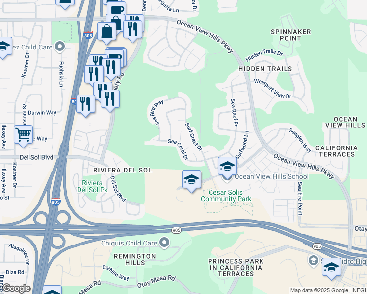 map of restaurants, bars, coffee shops, grocery stores, and more near 4824 Sea Coral Drive in San Diego