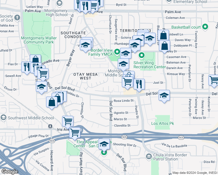 map of restaurants, bars, coffee shops, grocery stores, and more near 3516 Del Sol Boulevard in San Diego