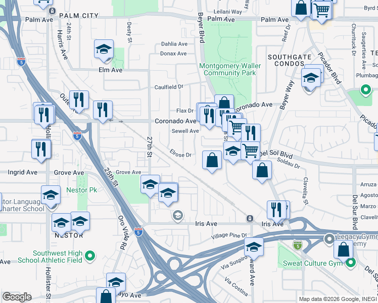 map of restaurants, bars, coffee shops, grocery stores, and more near 2865 Elrose Drive in San Diego