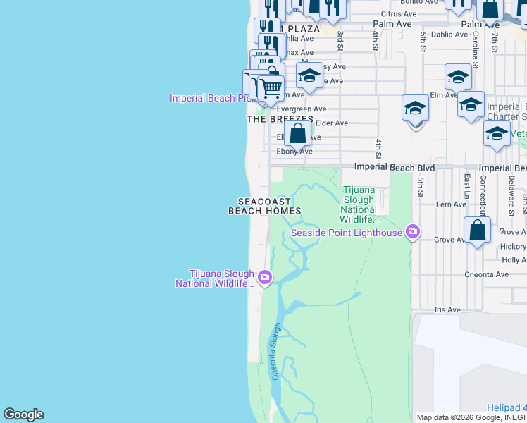 map of restaurants, bars, coffee shops, grocery stores, and more near 1252 Seacoast Drive in Imperial Beach