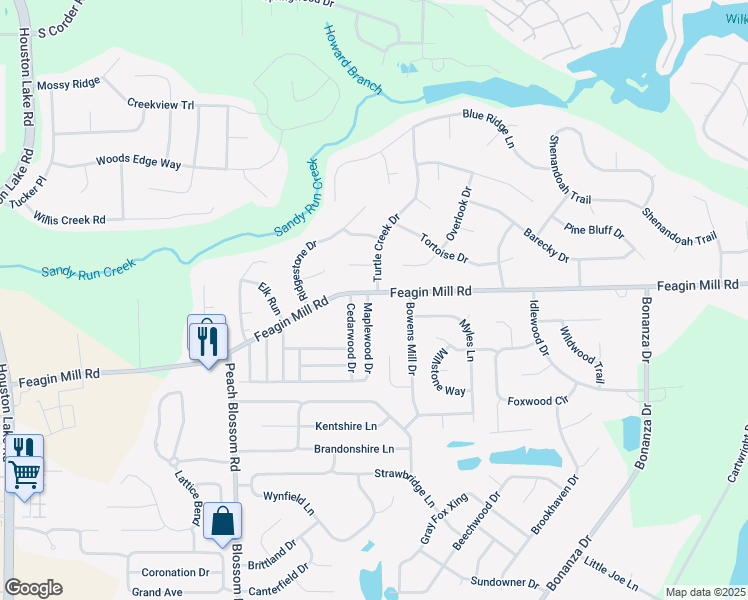 map of restaurants, bars, coffee shops, grocery stores, and more near 500 Feagin Mill Road in Warner Robins