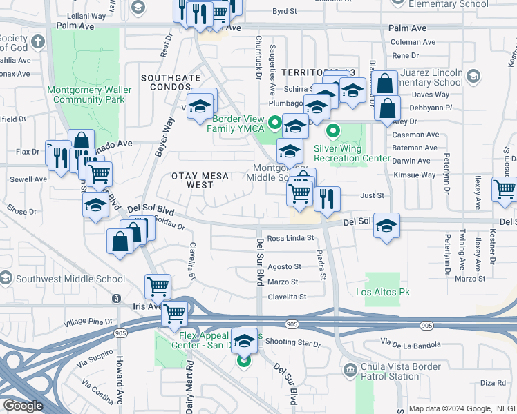 map of restaurants, bars, coffee shops, grocery stores, and more near 3576 Del Sol Boulevard in San Diego