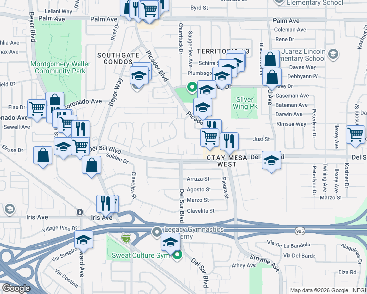 map of restaurants, bars, coffee shops, grocery stores, and more near 3586 Del Sol Boulevard in San Diego