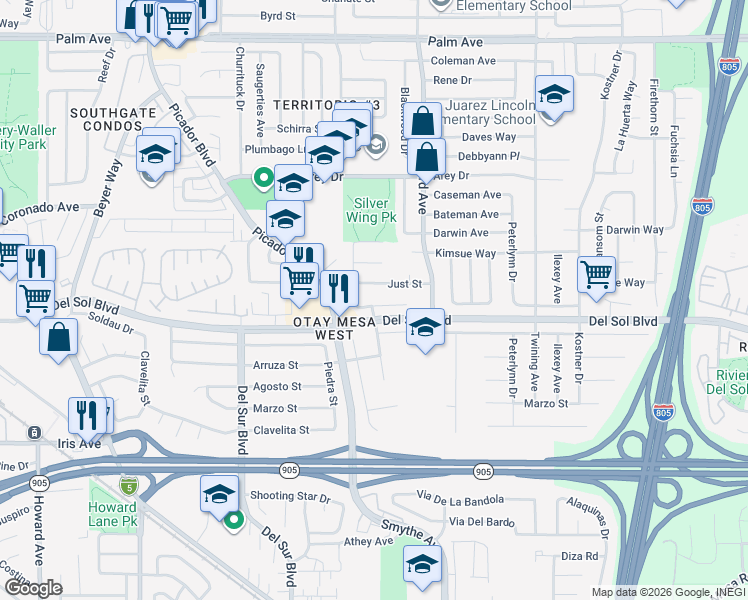 map of restaurants, bars, coffee shops, grocery stores, and more near 3768 Enero Court in San Diego