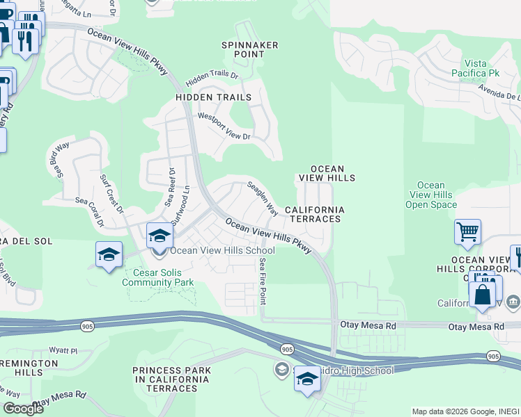 map of restaurants, bars, coffee shops, grocery stores, and more near 1230 Seahill Court in San Diego