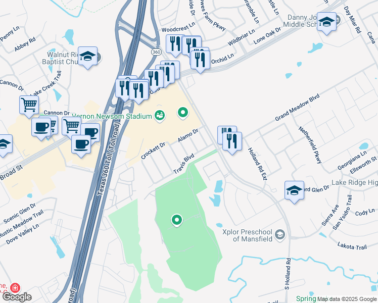 map of restaurants, bars, coffee shops, grocery stores, and more near 4004 Travis Boulevard in Mansfield