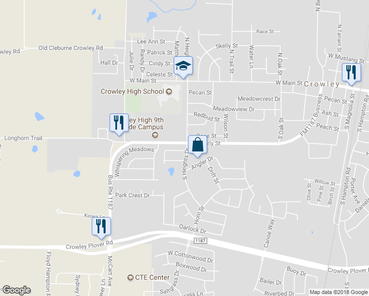 map of restaurants, bars, coffee shops, grocery stores, and more near 400 Shady Shore Lane in Crowley
