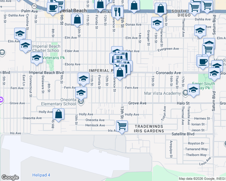 map of restaurants, bars, coffee shops, grocery stores, and more near 1214 Florence Street in Imperial Beach