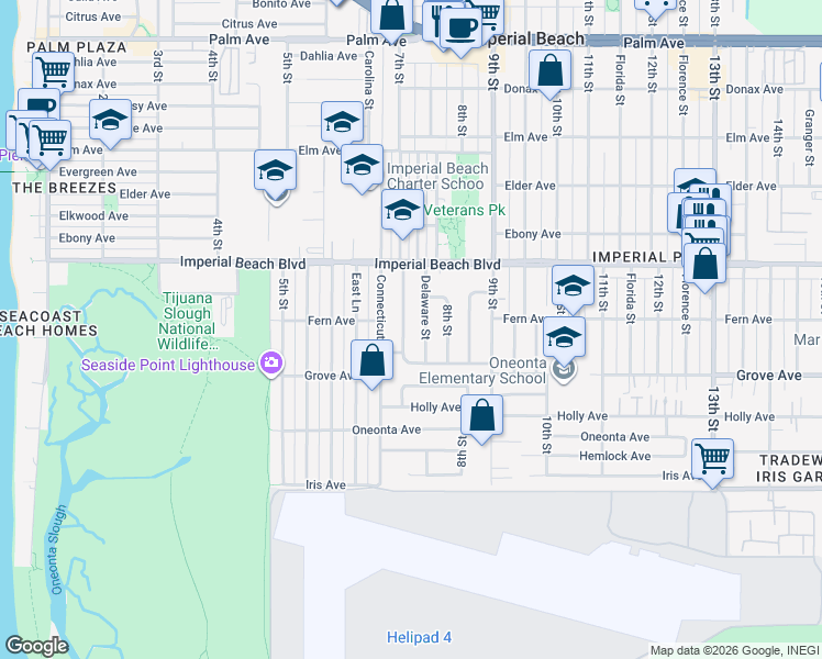 map of restaurants, bars, coffee shops, grocery stores, and more near 1220 8th Street in Imperial Beach