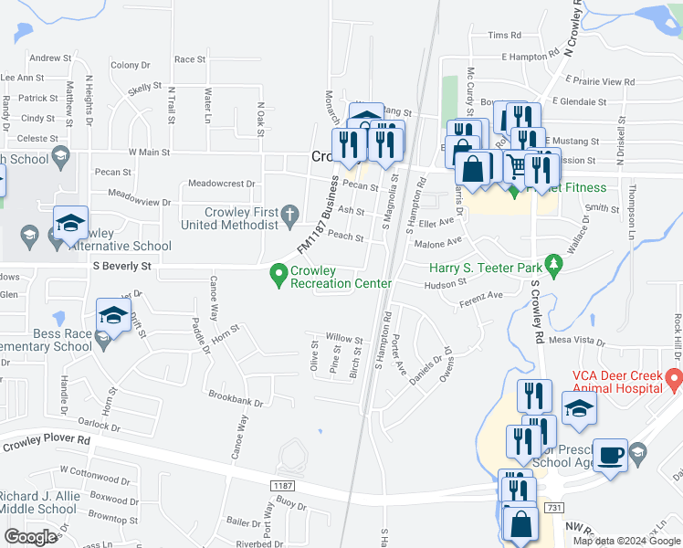 map of restaurants, bars, coffee shops, grocery stores, and more near 209 Deborah Lane in Crowley