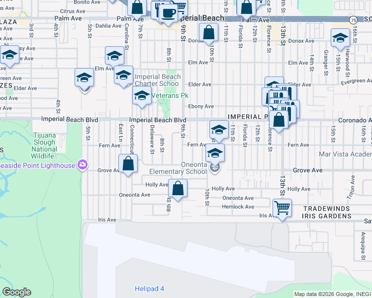map of restaurants, bars, coffee shops, grocery stores, and more near 1211 9th Street in Imperial Beach