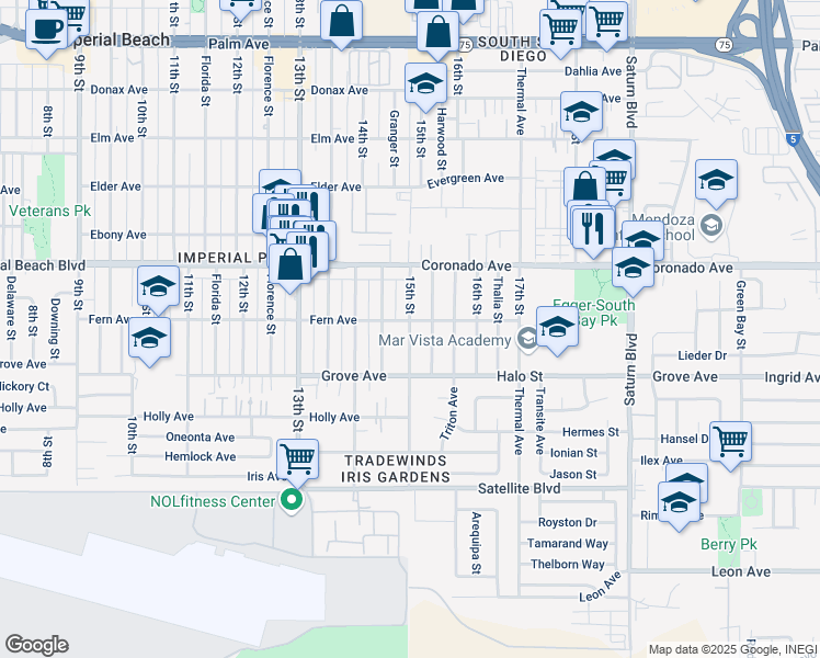 map of restaurants, bars, coffee shops, grocery stores, and more near 1227 Granger Street in Imperial Beach