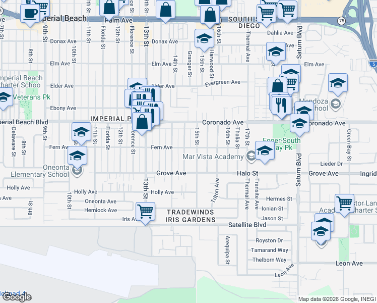 map of restaurants, bars, coffee shops, grocery stores, and more near 1227 Granger Street in Imperial Beach