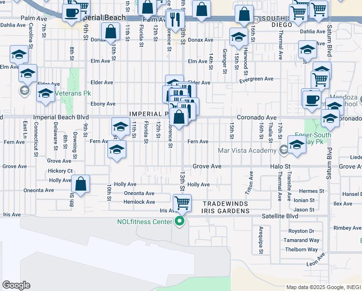 map of restaurants, bars, coffee shops, grocery stores, and more near 1241 Florence Street in Imperial Beach