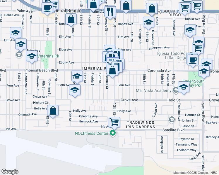 map of restaurants, bars, coffee shops, grocery stores, and more near 1241 Florence Street in Imperial Beach
