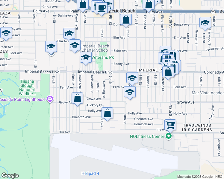 map of restaurants, bars, coffee shops, grocery stores, and more near 1211 9th Street in Imperial Beach