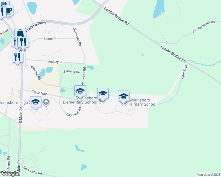 map of restaurants, bars, coffee shops, grocery stores, and more near Tiger Trail in Swainsboro