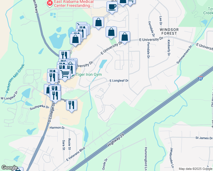 map of restaurants, bars, coffee shops, grocery stores, and more near 300 East Longleaf Drive in Auburn