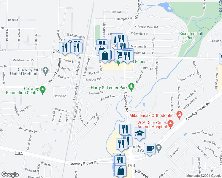 map of restaurants, bars, coffee shops, grocery stores, and more near 316 Harris Drive in Crowley