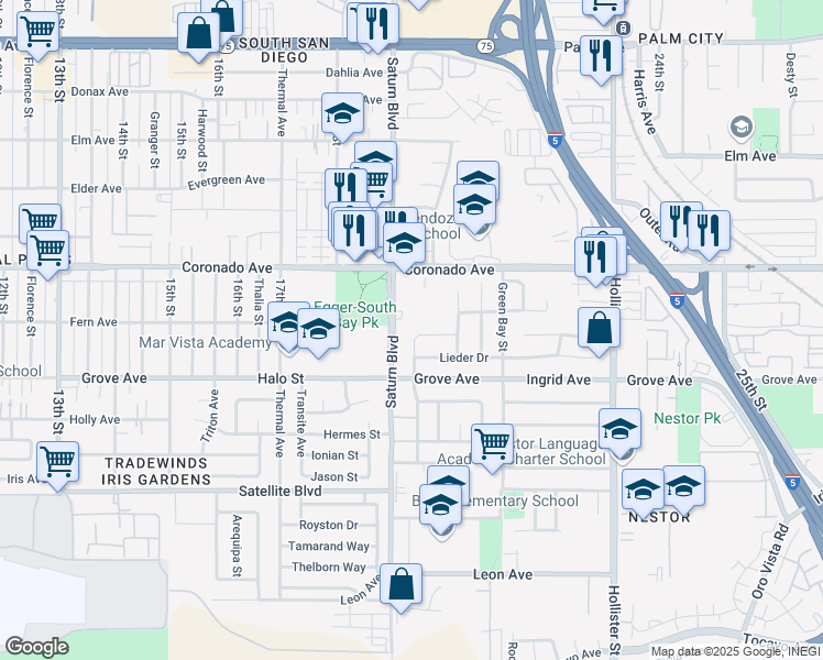 map of restaurants, bars, coffee shops, grocery stores, and more near 1946 Yodel Lane in San Diego