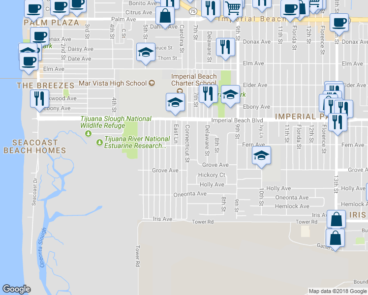 map of restaurants, bars, coffee shops, grocery stores, and more near 649 Fern Avenue in Imperial Beach
