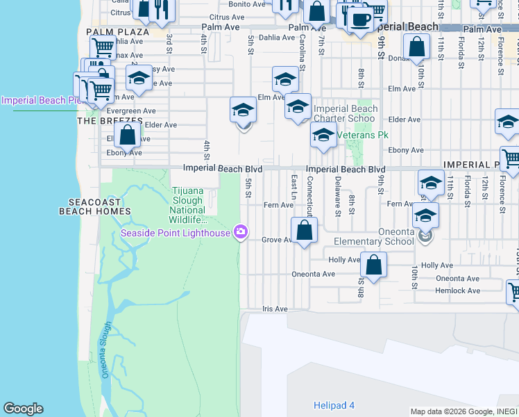map of restaurants, bars, coffee shops, grocery stores, and more near 1210 California Street in Imperial Beach