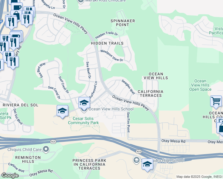 map of restaurants, bars, coffee shops, grocery stores, and more near 1250 Sand Drift Point in San Diego