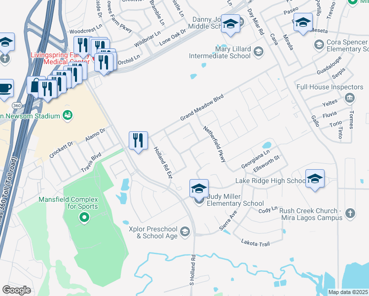 map of restaurants, bars, coffee shops, grocery stores, and more near 4401 Winding Glen Lane in Mansfield