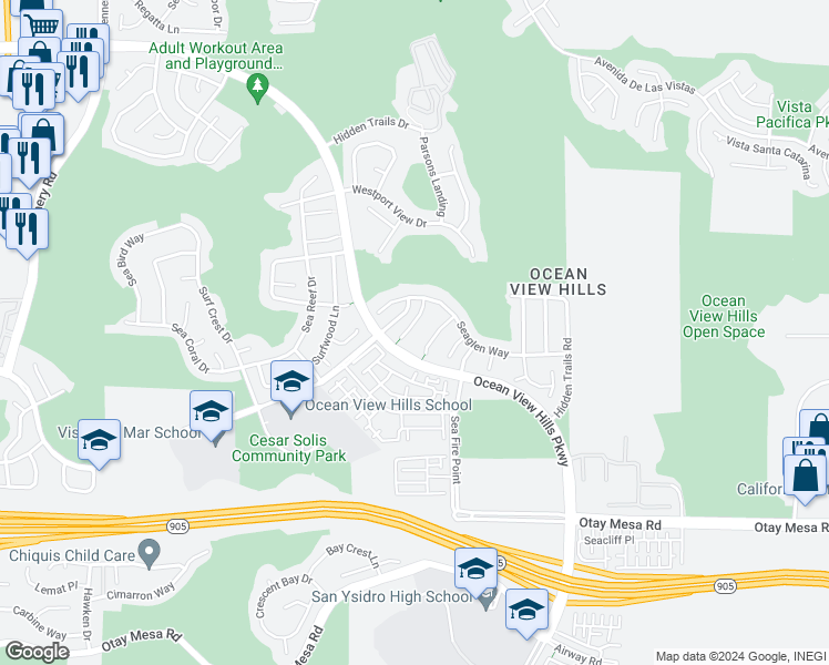 map of restaurants, bars, coffee shops, grocery stores, and more near 1233 Sand Drift Point in San Diego