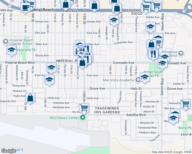 map of restaurants, bars, coffee shops, grocery stores, and more near 1226 14th Street in Imperial Beach