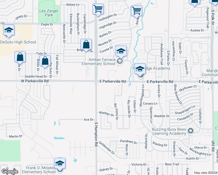 map of restaurants, bars, coffee shops, grocery stores, and more near 400 East Parkerville Road in DeSoto