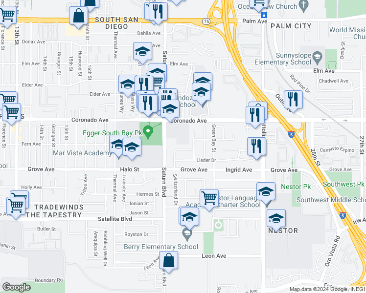 map of restaurants, bars, coffee shops, grocery stores, and more near 1966 Yodel Lane in San Diego