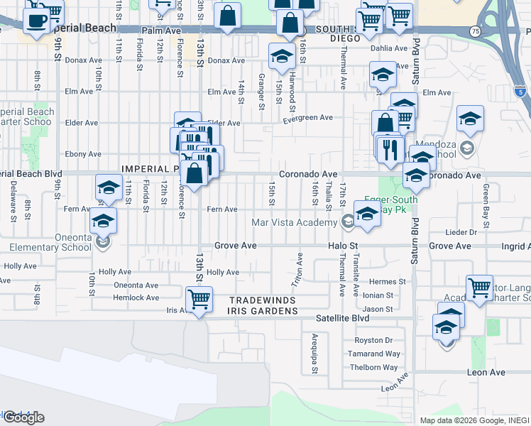 map of restaurants, bars, coffee shops, grocery stores, and more near 1227 Granger Street in Imperial Beach