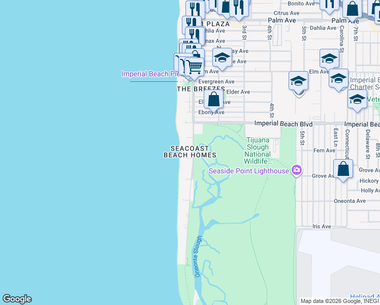 map of restaurants, bars, coffee shops, grocery stores, and more near 1220 Seacoast Drive in Imperial Beach