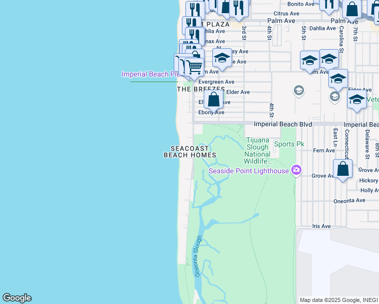 map of restaurants, bars, coffee shops, grocery stores, and more near 1220 Seacoast Drive in Imperial Beach