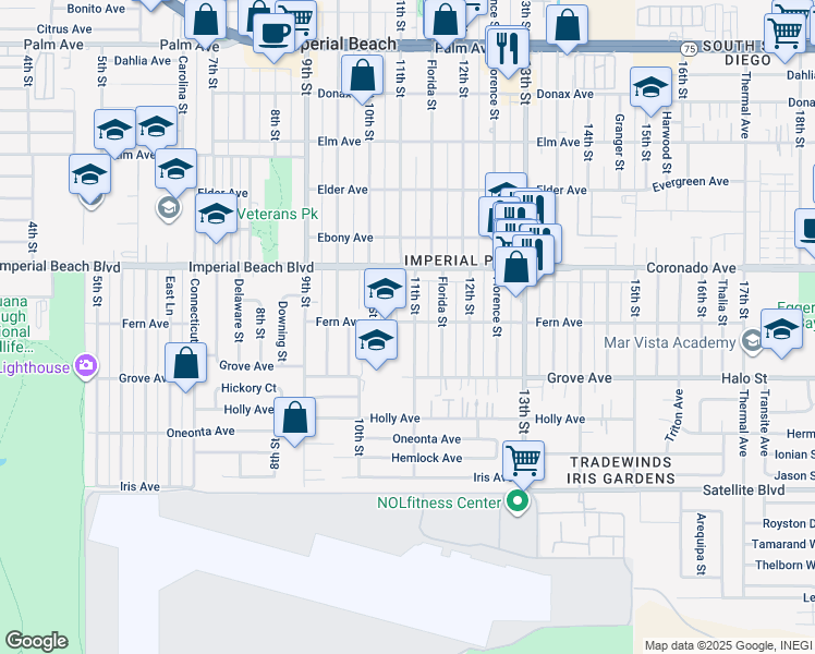 map of restaurants, bars, coffee shops, grocery stores, and more near 1216 11th Street in Imperial Beach