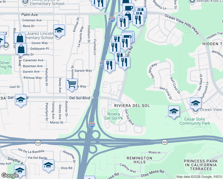 map of restaurants, bars, coffee shops, grocery stores, and more near 1196 Dennery Road in San Diego