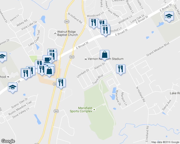 map of restaurants, bars, coffee shops, grocery stores, and more near 717 Bowie Lane in Mansfield