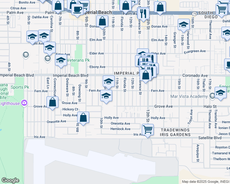 map of restaurants, bars, coffee shops, grocery stores, and more near 1216 11th Street in Imperial Beach