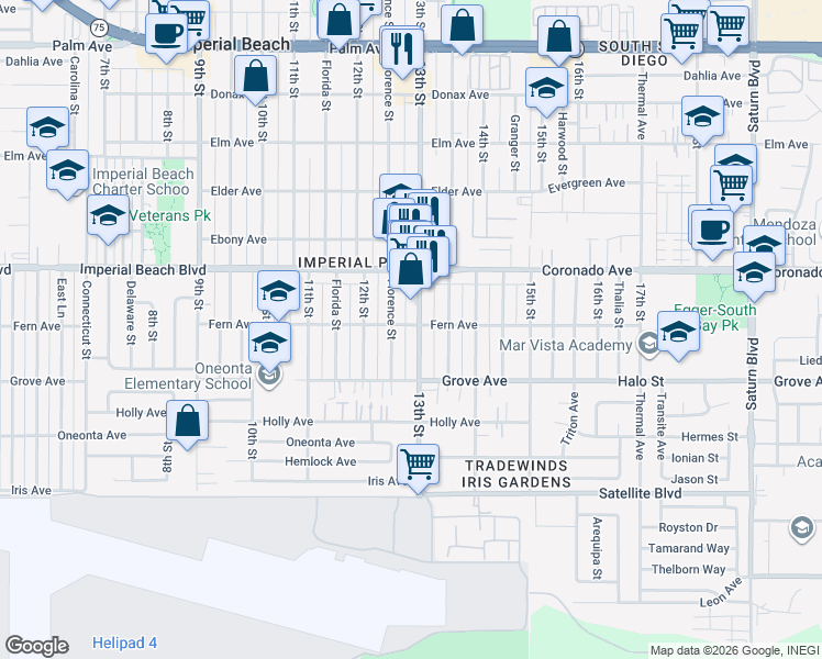 map of restaurants, bars, coffee shops, grocery stores, and more near 1241 Florence Street in Imperial Beach