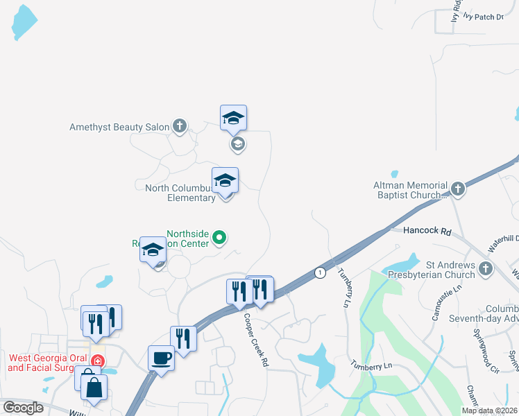 map of restaurants, bars, coffee shops, grocery stores, and more near Cooper Creek Road in Columbus