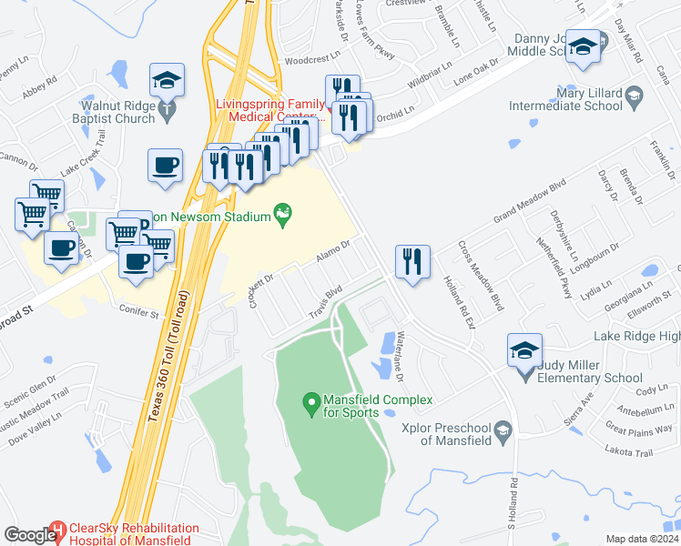 map of restaurants, bars, coffee shops, grocery stores, and more near 705 Dickerson Lane in Mansfield