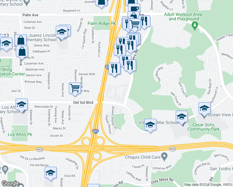 map of restaurants, bars, coffee shops, grocery stores, and more near 1196 Dennery Road in San Diego
